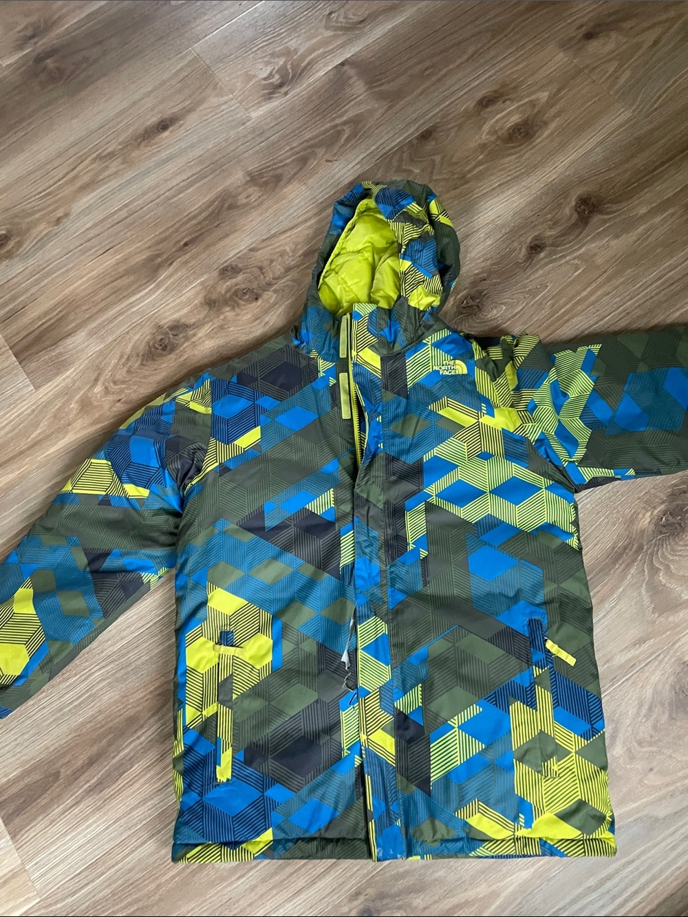 The North Face Boys' Olive Green, Blue & Yellow Geometric Puffer Jacket